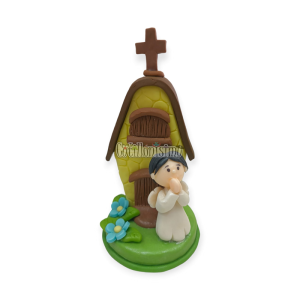 Adorno de Porcelana Capilla con Cruz y Nene Rezando