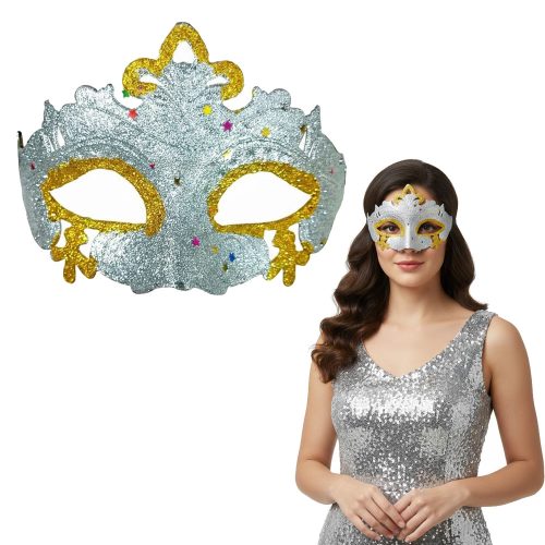 Antifaz Plástico de Encaje Plateado con Dorado Gibreado