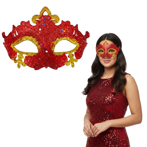 Antifaz Plástico de Encaje Rojo con Dorado Gibreado