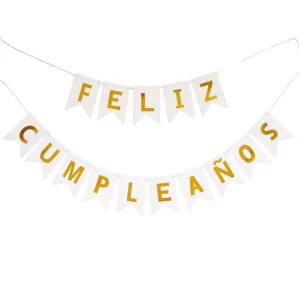 Banderin FELIZ CUMPLEAÑOS Blanco y Dorado
