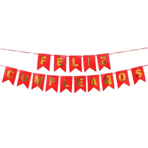 Banderin FELIZ CUMPLEAÑOS Rojo y Dorado