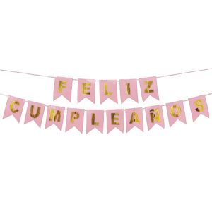 Banderin FELIZ CUMPLEAÑOS Rosa Pastel y Dorado