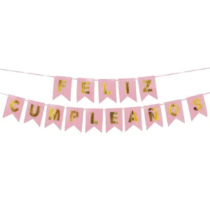 Banderin FELIZ CUMPLEAÑOS Rosa Pastel y Dorado