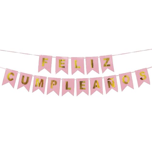 Banderin FELIZ CUMPLEAÑOS Rosa PASTEL y Dorado