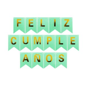 Banderin FELIZ CUMPLEAÑOS Verde Pastel y Dorado
