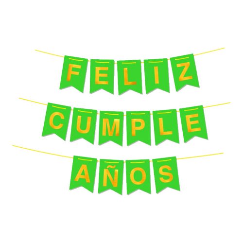 Banderin FELIZ CUMPLEAÑOS Verde FLUO y Dorado