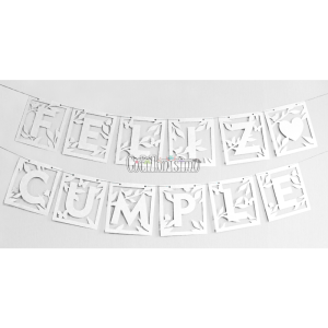 Banderin Feliz Cumple Calado Blanco Cartulina Triplex x3 Metros