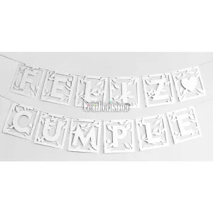 Banderin Feliz Cumple Calado Blanco Cartulina Triplex x3 Metros