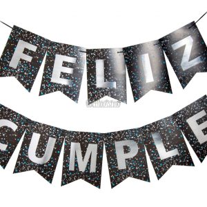 Banderin Gigante Feliz Cumple Confeti Negro y Celeste