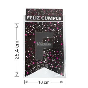 Banderin Gigante Feliz Cumple Confeti Negro y Rosa - Imagen 2