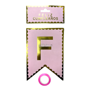 Banderin FELIZ CUMPLEAÑOS Rosa Pastel Borde Dorado