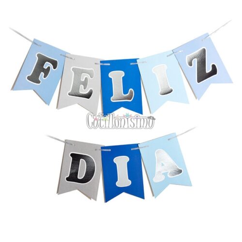Banderin FELIZ DIA Celeste, Azul y Gris letras Plateadas