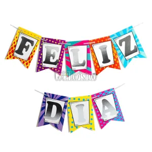 Banderin FELIZ DIA Estampados Multicolor letras Plateadas