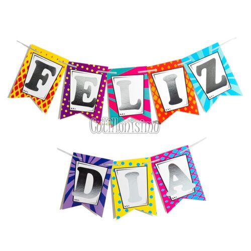 Banderin FELIZ DIA Estampados Multicolor letras Plateadas