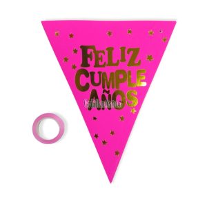 Banderin Triangular FELIZ CUMPLEAÑOS Rosa Fluo