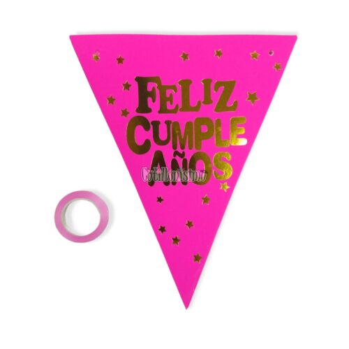 Banderin Triangular FELIZ CUMPLEAÑOS Rosa Fluo