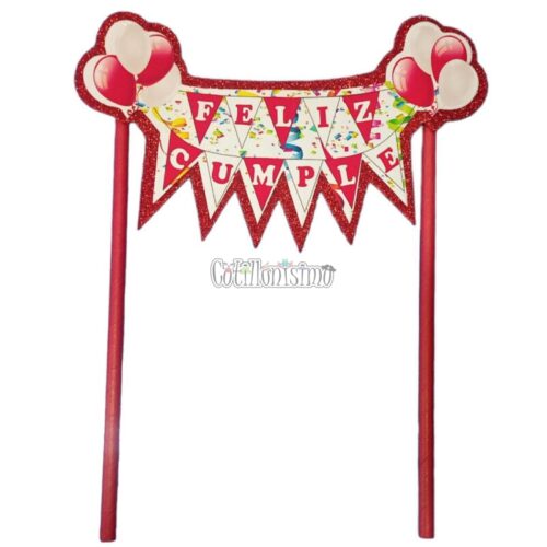 Banderin para Torta Feliz Cumple Rojo y Blanco