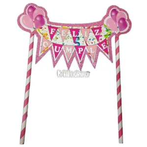 Banderin para Torta Feliz Cumple Rosa y Fucsia