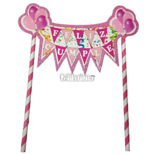 Banderin para Torta Feliz Cumple Rosa y Fucsia