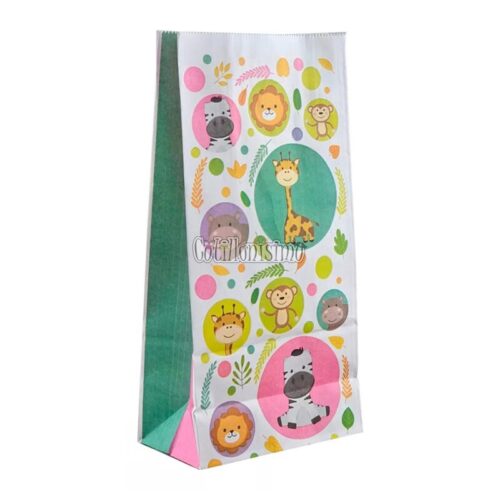 Bolsa Papel Animalitos de la Selva 12 x 7 Cm X 24cm x10 Unidades