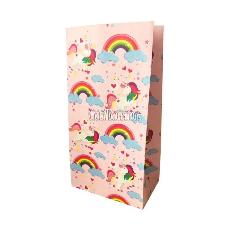 Bolsa Papel Unicornio Arcoiris Rosa 12 x 7 Cm X 24cm x10 Unidades