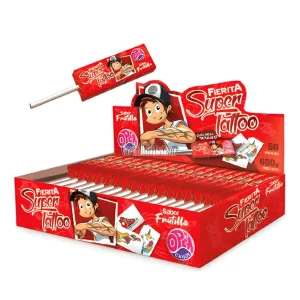 Caja Chupetin Masticable Fierita Con Tatuaje Frutilla x50 Unidades