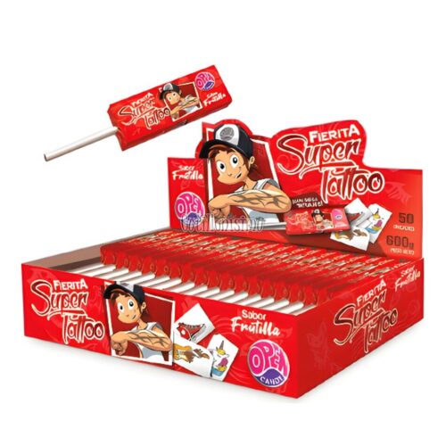 Caja Chupetin Masticable Fierita Con Tatuaje Frutilla x50 Unidades