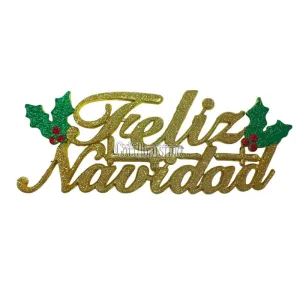 Cartel Feliz Navidad Gibreado Dorado Chico 26 cm x 10 cm