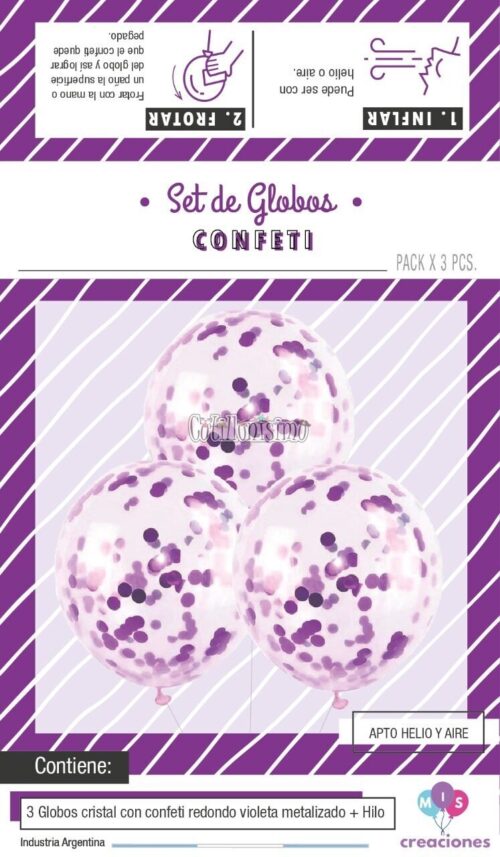 Globos con Confetti Redondo METALIZADO - VIOLETA x3 Unidades