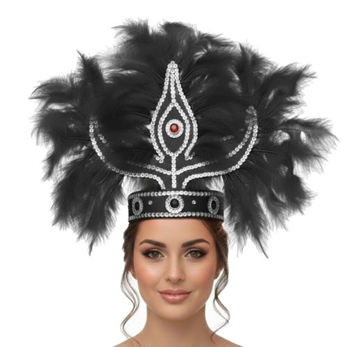 Corona Con Plumas Vincha Marabu Color NEGRO (Grande)