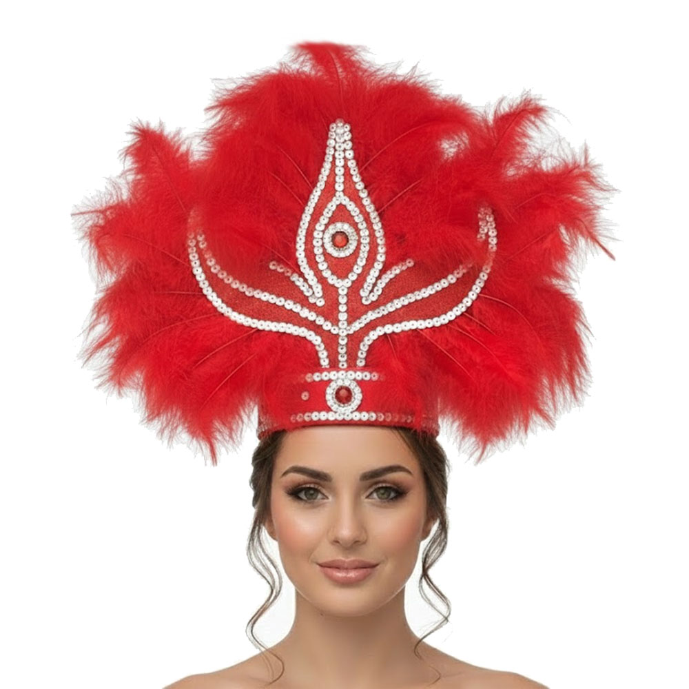 Corona Con Plumas Vincha Marabu Color ROJO (Grande)