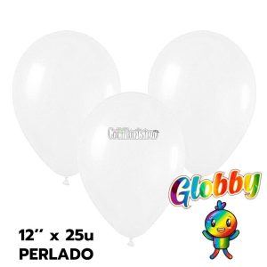 Globo Globby Liso Metalizado Perlado 12 Pulgadas Blanco x25u
