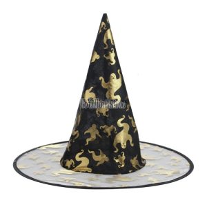 Gorro Bruja Negro con Fantasmas Dorados y Plateados – BEATRIX