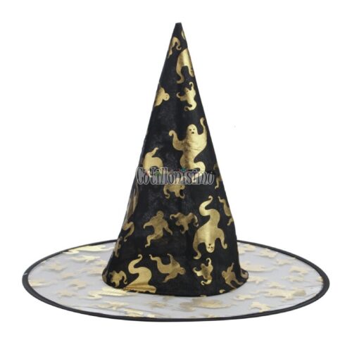 Gorro Bruja Negro con Fantasmas Dorados y Plateados – BEATRIX