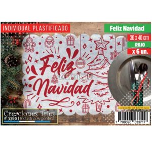 Individual FELIZ NAVIDAD Rojo Plastificado x6u (FRISELINA)