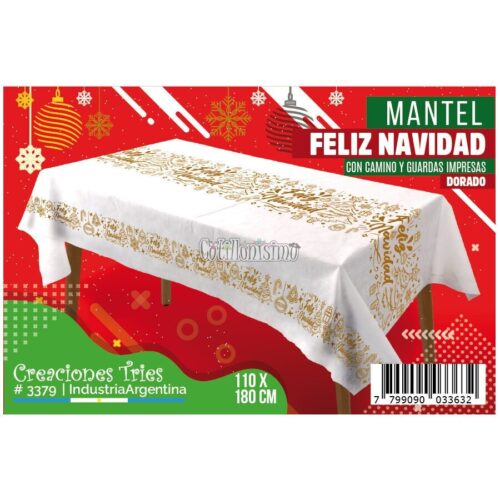 Mantel Blanco FELIZ NAVIDAD Dorado Impreso (FRISELINA)