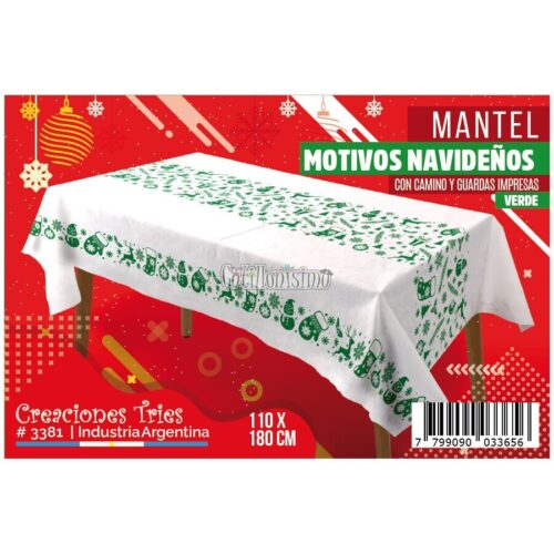 Mantel Blanco con MOTIVOS NAVIDEÑOS Verdes Impreso (FRISELINA)