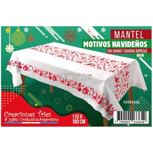 Mantel Blanco con MOTIVOS NAVIDEÑOS Rojos Impreso (FRISELINA)