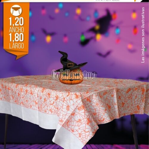 Mantel Rectangular Telaraña Naranja Base Blanca (FRISELINA)