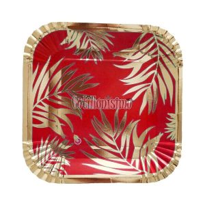 Plato Polipapel Stamping Rojo Hojas Doradas X8u