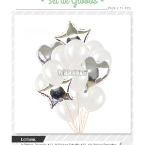 Set Globos Color Plateado y Blanco 14 Pcs