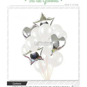 Set Globos Color Plateado y Blanco 14 Pcs