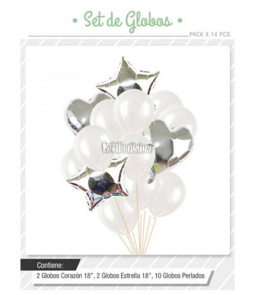 Set Globos Color Plateado y Blanco 14 Pcs