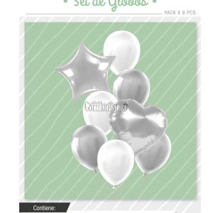 Set Globos Color Plateado y Blanco 8 Pcs