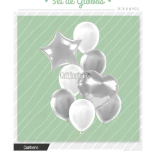 Set Globos Color Plateado y Blanco 8 Pcs