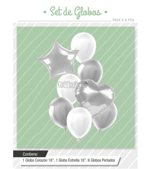 Set Globos Color Plateado y Blanco 8 Pcs