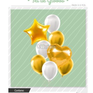 Set Globos Color Dorado y Blanco 8 Pcs
