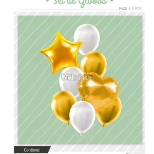 Set Globos Color Dorado y Blanco 8 Pcs