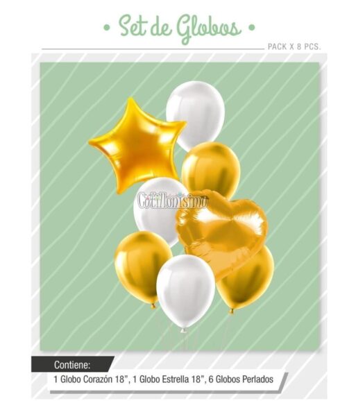 Set Globos Color Dorado y Blanco 8 Pcs