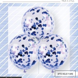 Globos con Confetti Redondo METALIZADO - AZUL x3 Unidades